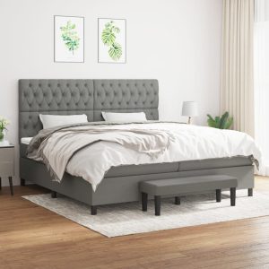 Pat box spring cu saltea, gri închis, 200×200 cm, textil