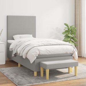 Pat box spring cu saltea, gri deschis, 90×200 cm, textil