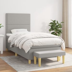 Pat box spring cu saltea, gri deschis, 100×200 cm, textil