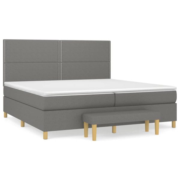 Pat box spring cu saltea, gri închis, 200×200 cm, textil