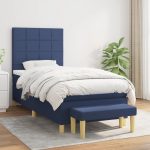 Pat box spring cu saltea, albastru, 90×190 cm, textil