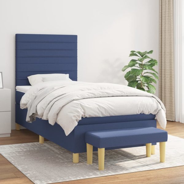 Pat box spring cu saltea, albastru, 100×200 cm, textil