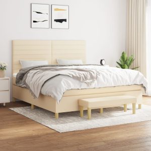 Pat box spring cu saltea, crem, 160×200 cm, material textil