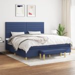Pat box spring cu saltea, albastru, 200×200 cm, textil