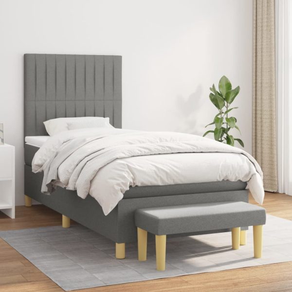 Pat box spring cu saltea, gri închis, 90×200 cm, textil