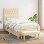 Pat box spring cu saltea, crem, 90×190 cm, textil