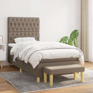Pat box spring cu saltea, gri taupe, 90×200 cm, textil
