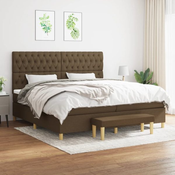 Pat box spring cu saltea, maro închis, 200×200 cm, textil