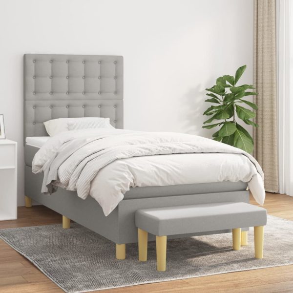 Pat box spring cu saltea, gri deschis, 90×200 cm, textil