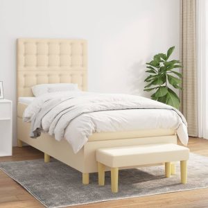 Pat box spring cu saltea, crem, 100×200 cm, textil