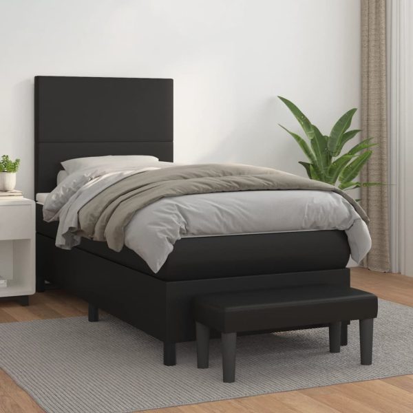 Pat box spring cu saltea, negru, 90×200 cm, piele ecologică