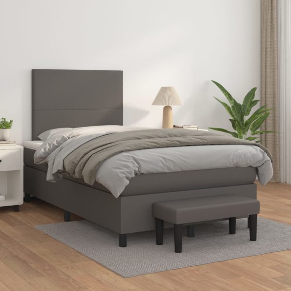 Pat box spring cu saltea, gri, 120×200 cm, piele ecologică
