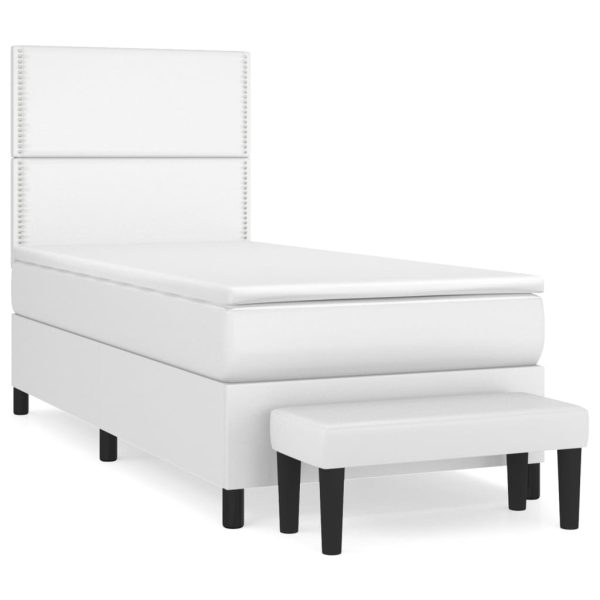 Pat box spring cu saltea, alb, 90×200 cm, piele ecologică