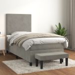 Pat box spring cu saltea, gri deschis, 90×200 cm, catifea