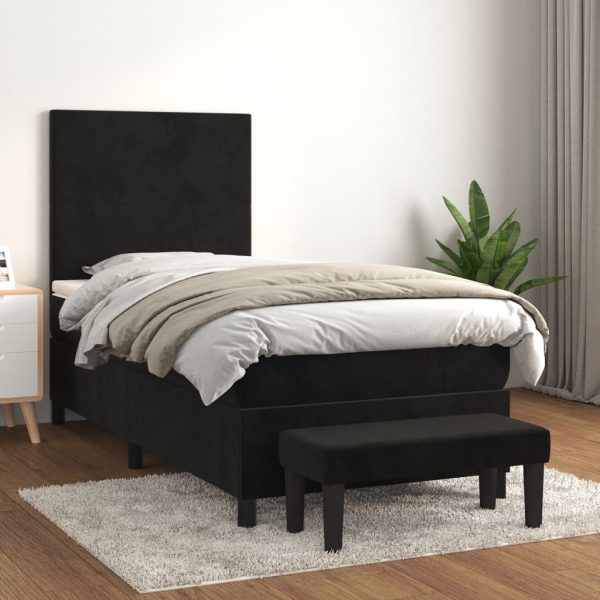 Pat box spring cu saltea, negru, 90×200 cm, catifea