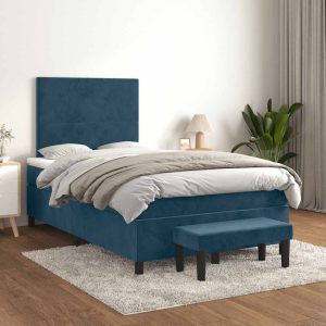 Pat box spring cu saltea, albastru închis, 120×200 cm, catifea