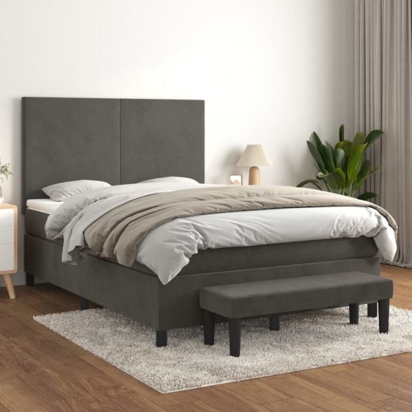 Pat box spring cu saltea, gri închis, 140×190 cm, catifea