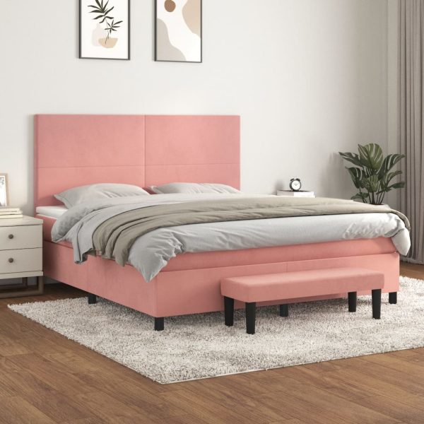 Pat box spring cu saltea, roz, 160×200 cm, catifea