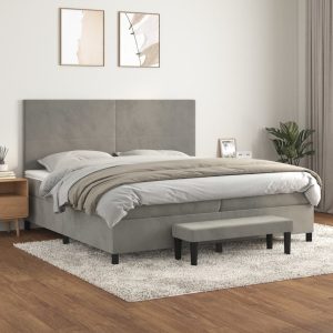 Pat box spring cu saltea, gri deschis, 200×200 cm, catifea