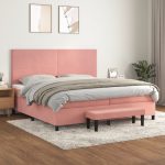Pat box spring cu saltea, roz, 200×200 cm, catifea