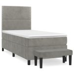 Pat box spring cu saltea, gri deschis, 90×190 cm, catifea