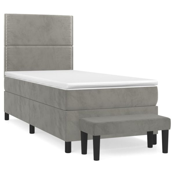 Pat box spring cu saltea, gri deschis, 90×190 cm, catifea