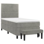 Pat box spring cu saltea, gri deschis, 90×190 cm, catifea