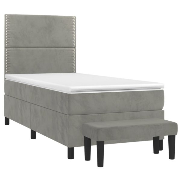 Pat box spring cu saltea, gri deschis, 90×190 cm, catifea