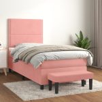 Pat box spring cu saltea, roz, 90×190 cm, catifea