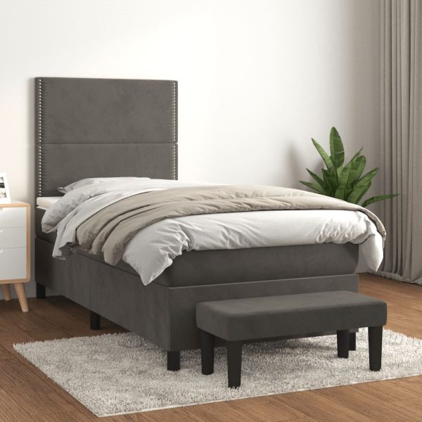 Pat box spring cu saltea, gri închis, 90×200 cm, catifea