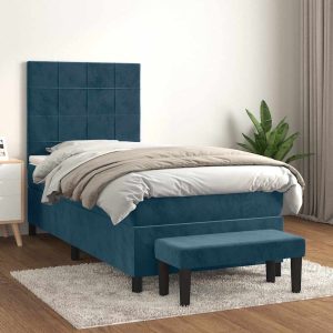 Pat box spring cu saltea, albastru închis, 80×200 cm, catifea
