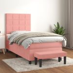 Pat box spring cu saltea, roz, 90×200 cm, catifea