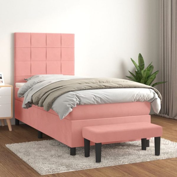 Pat box spring cu saltea, roz, 90×200 cm, catifea