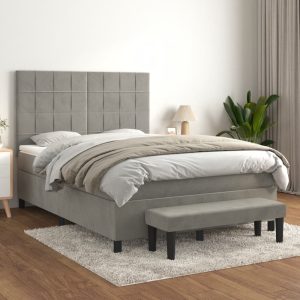 Pat box spring cu saltea, gri deschis, 140×190 cm, catifea