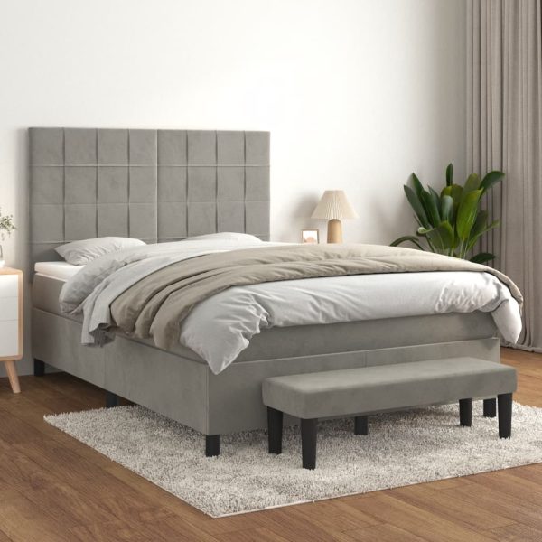 Pat box spring cu saltea, gri deschis, 140×190 cm, catifea