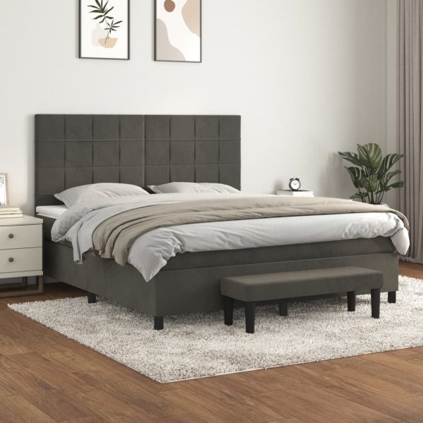 Pat box spring cu saltea, gri închis, 180×200 cm, catifea