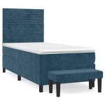 Pat box spring cu saltea, albastru închis, 90×190 cm, catifea