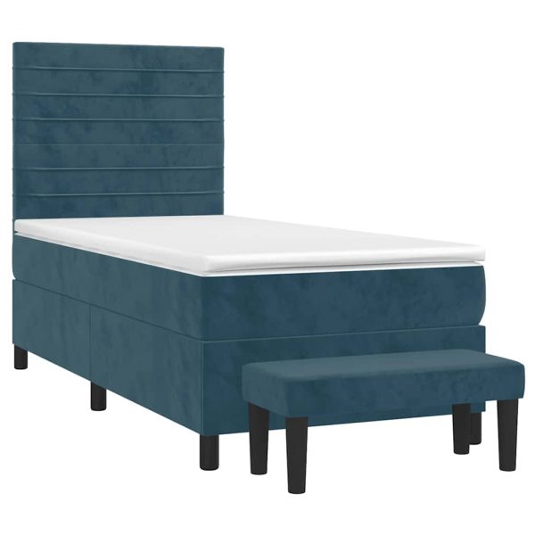 Pat box spring cu saltea, albastru închis, 90×200 cm, catifea