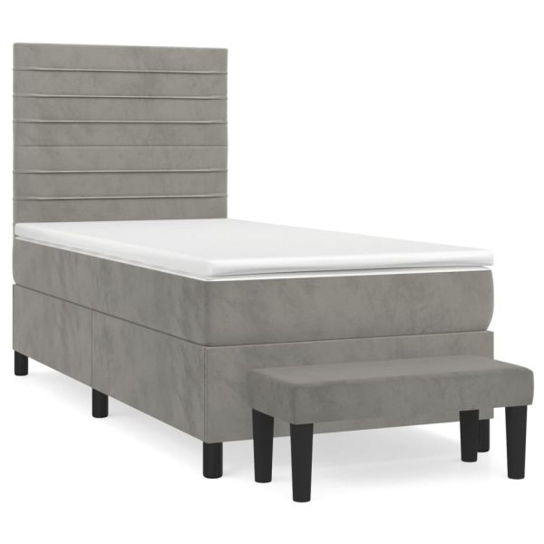 Pat box spring cu saltea, gri deschis, 100×200 cm, catifea