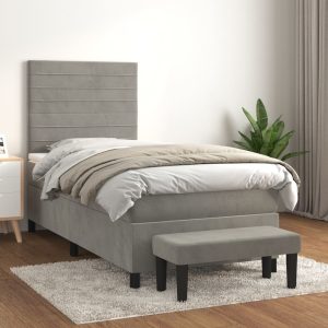 Pat box spring cu saltea, gri deschis, 100×200 cm, catifea