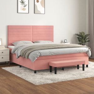 Pat box spring cu saltea, roz, 160×200 cm, catifea