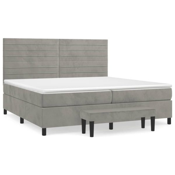 Pat box spring cu saltea, gri deschis, 200×200 cm, catifea