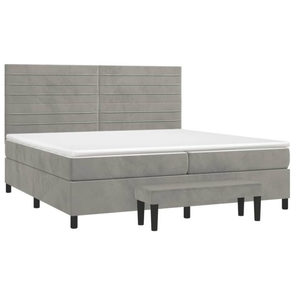 Pat box spring cu saltea, gri deschis, 200×200 cm, catifea