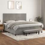 Pat box spring cu saltea, gri deschis, 200×200 cm, catifea