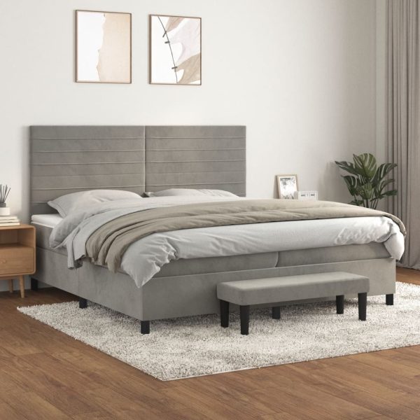 Pat box spring cu saltea, gri deschis, 200×200 cm, catifea