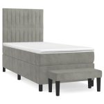 Pat box spring cu saltea, gri deschis, 90×190 cm, catifea