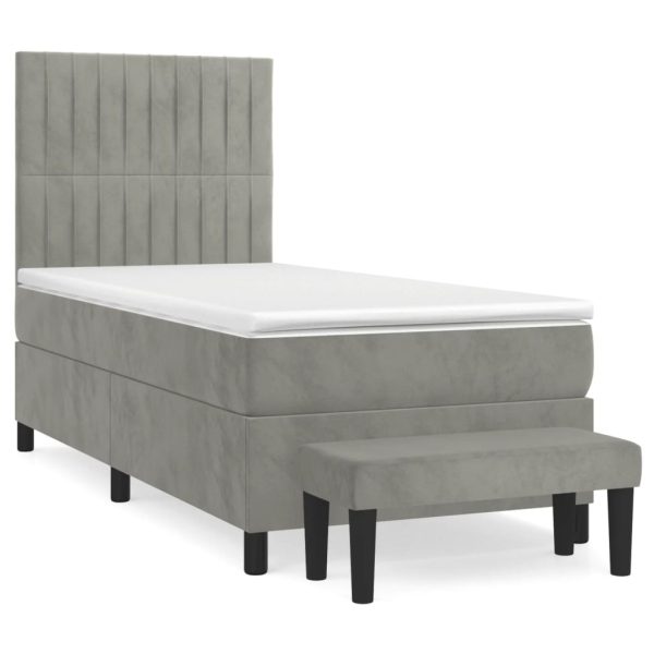 Pat box spring cu saltea, gri deschis, 90×190 cm, catifea