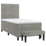 Pat box spring cu saltea, gri deschis, 90×190 cm, catifea