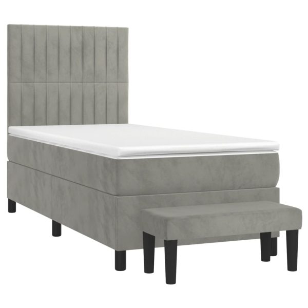 Pat box spring cu saltea, gri deschis, 90×190 cm, catifea
