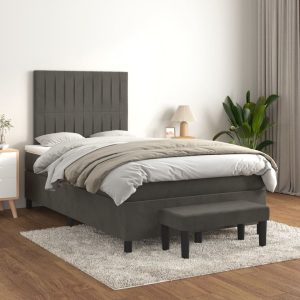 Pat box spring cu saltea, gri închis, 120×200 cm, catifea